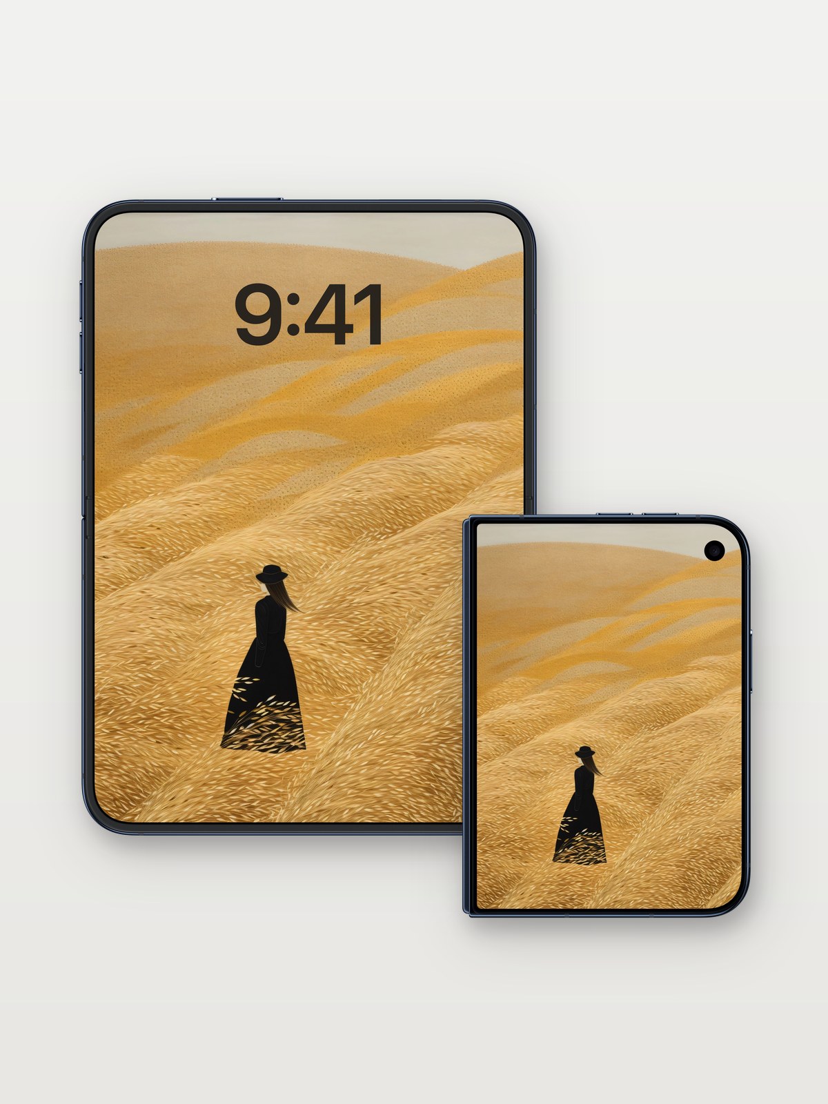 Golden Hush Wallpaper with Silent Walker on iPhone Duo, open and closed