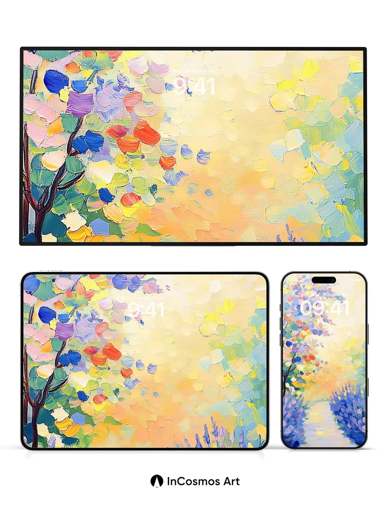 Sunlit Pathway Wallpaper with Floating Petals