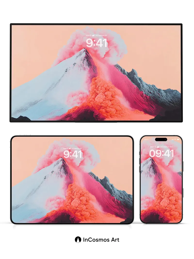 Crimson Eruption Wallpaper with Frozen Peaks