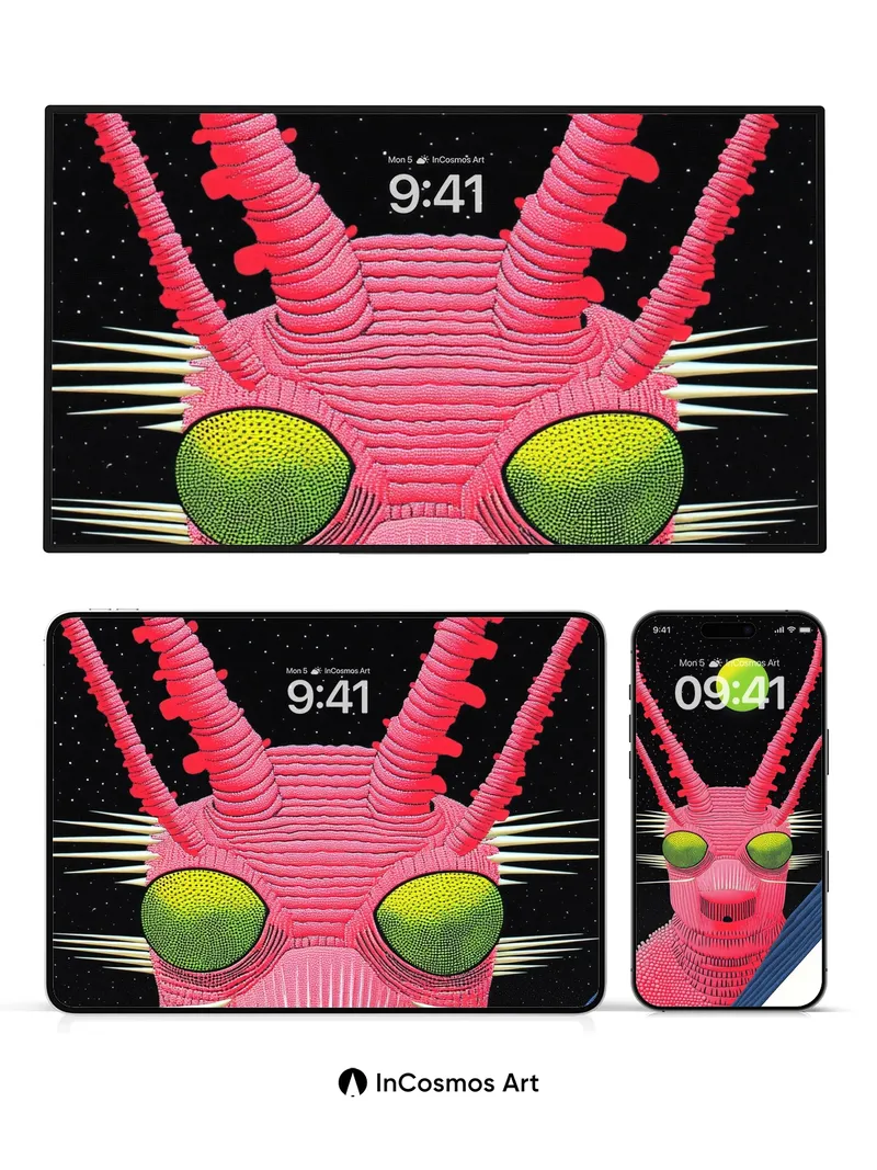 Cosmic Pink Insect Wallpaper with Neon Eyes