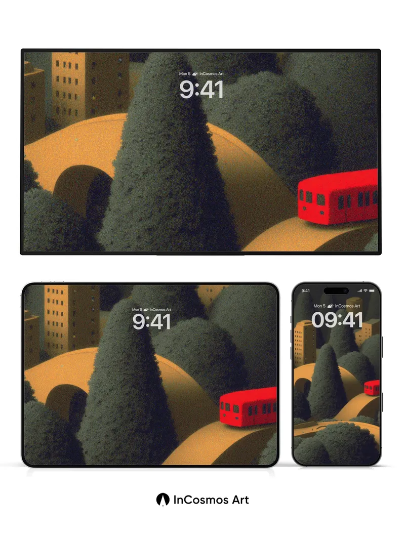 Midnight Forest Wallpaper with Red Bus Path