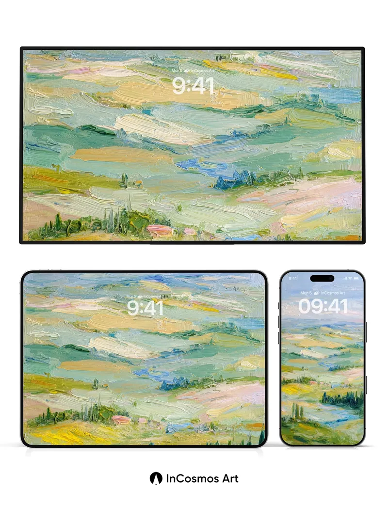 Serenity in Rolling Fields Wallpaper with Impressionist Touch