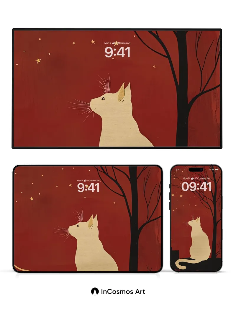 Starry Silence Wallpaper with Moonlit Cat