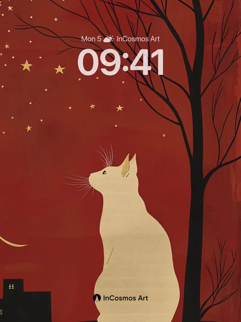 Starry Silence Wallpaper with Moonlit Cat