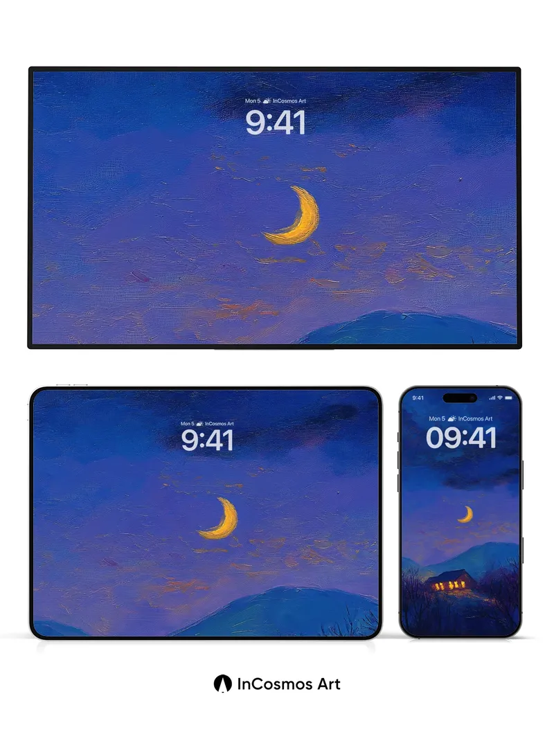 Crescent Hush Wallpaper with Warm Hearth Light