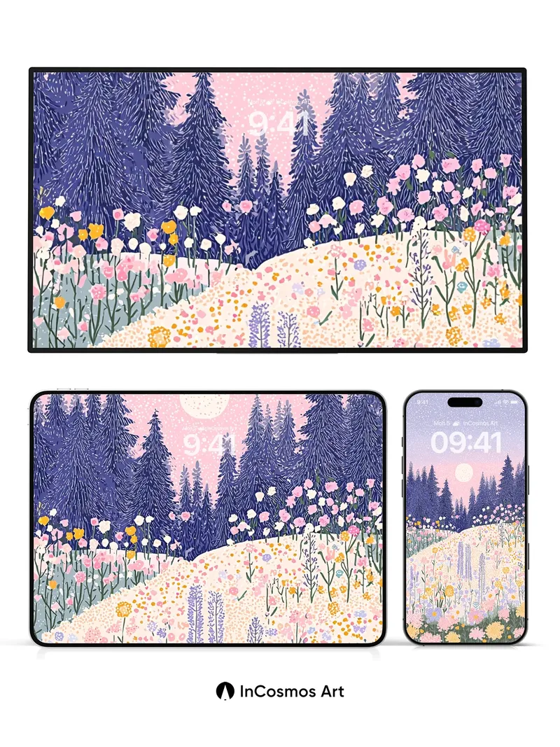 Luminous Meadow Wallpaper with Starlit Canopy