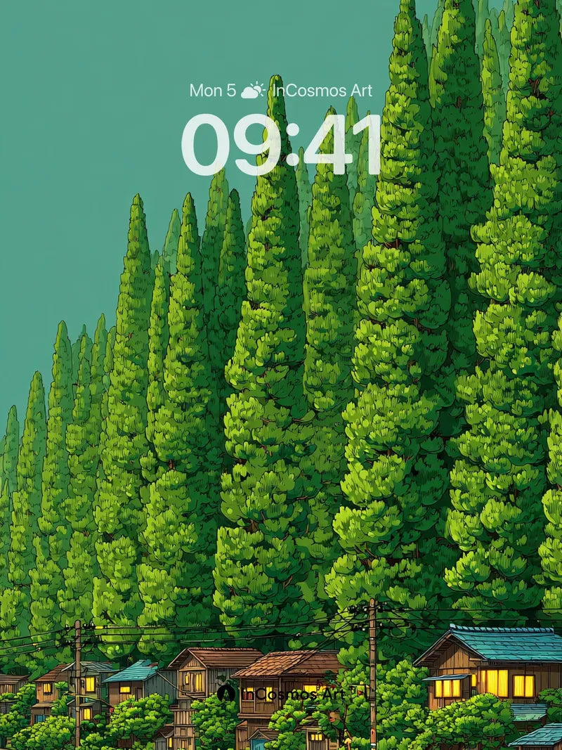 Calm Pine Forest Wallpaper with Wooden Homes wallpaper for iPhone, iPad & Mac