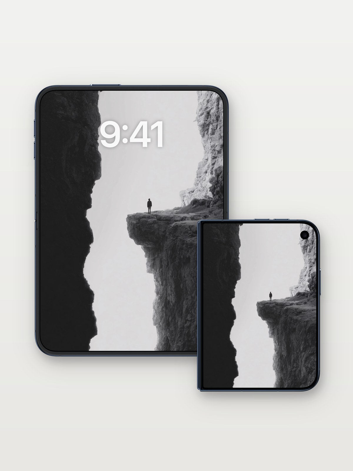 Silent Edge Wallpaper with Solitary Figure on iPhone Duo, open and closed