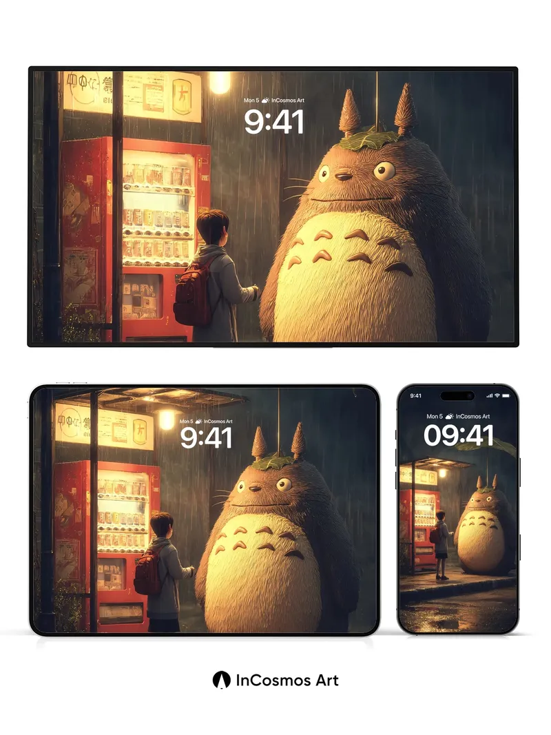 Rainlit Totoro Wallpaper with Leaf Umbrella