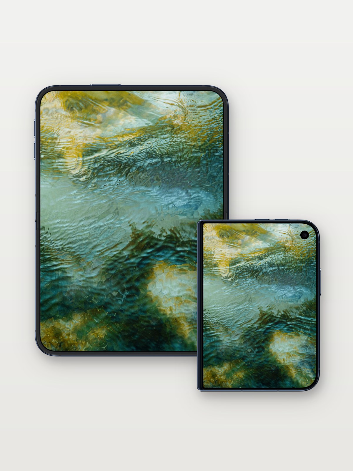 Liquid Light Wallpaper with Golden Veins on iPhone Duo, open and closed