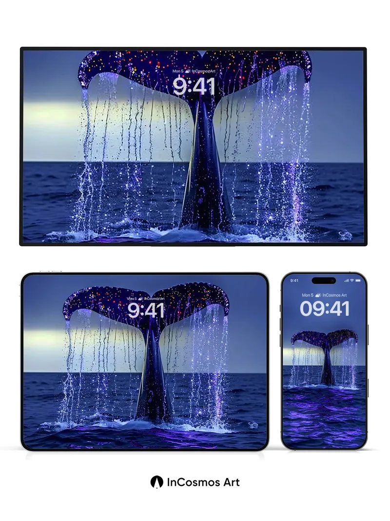 Luminous Whale Tail Wallpaper with Starlight Droplets
