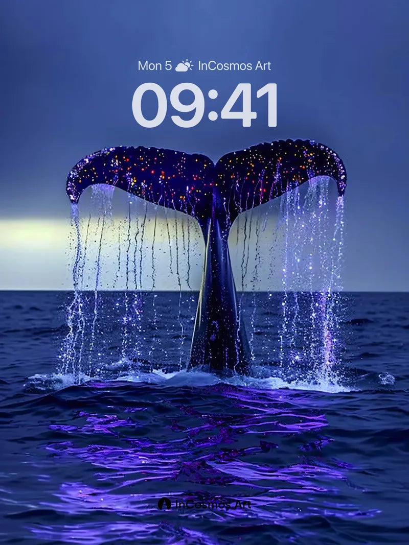 Luminous Whale Tail Wallpaper with Starlight Droplets