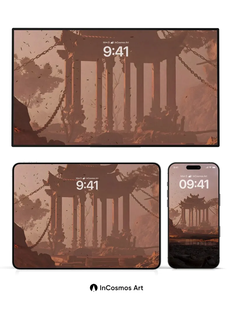 Dust-Swept Pagoda Wallpaper with Floating Embers