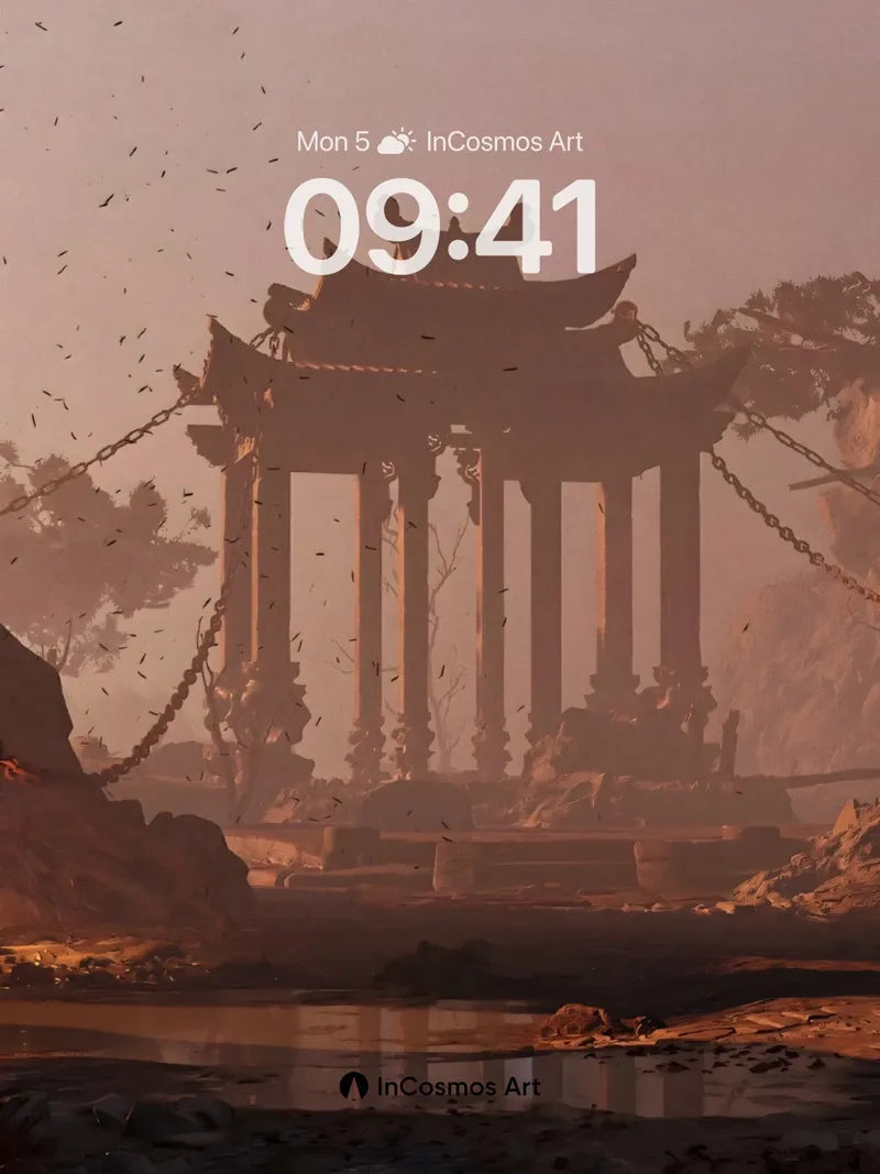 Dust-Swept Pagoda Wallpaper with Floating Embers