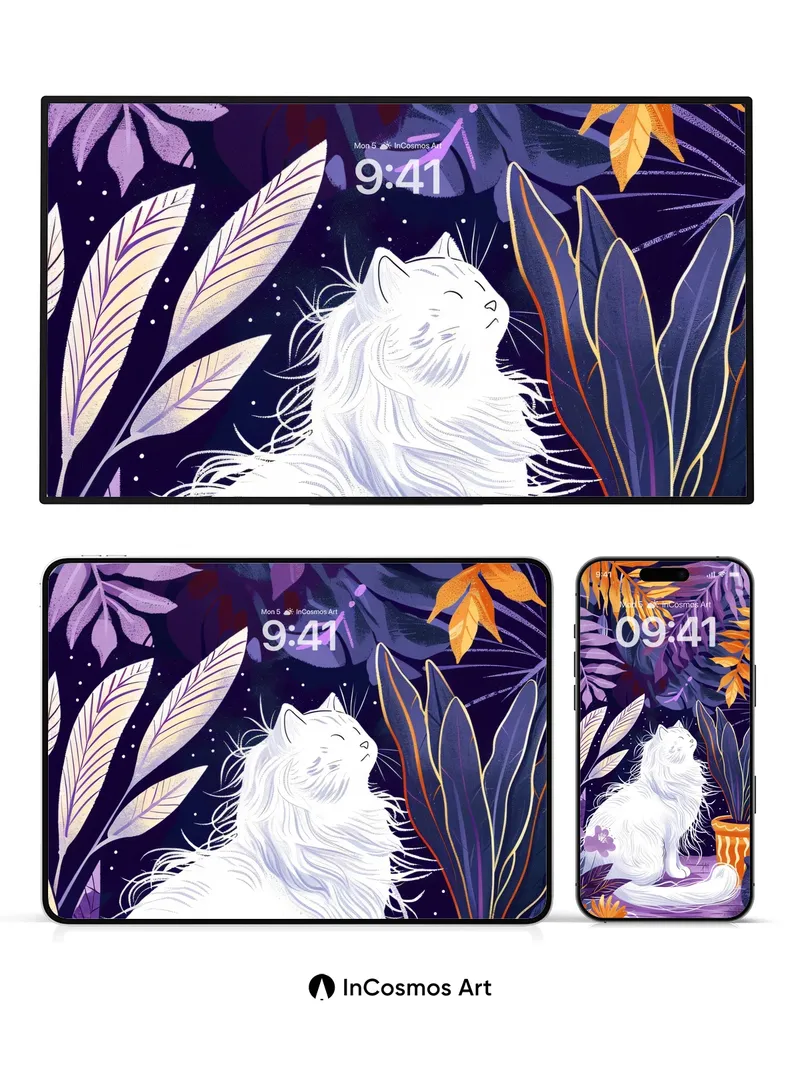 Lunar Feline Wallpaper with Midnight Botanicals