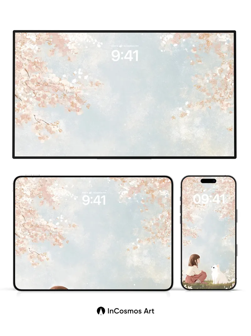 Serene Cherry Bloom Wallpaper with Whispering Cat