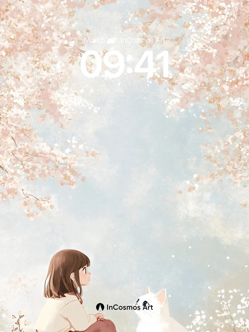 Serene Cherry Bloom Wallpaper with Whispering Cat wallpaper for iPhone, iPad & Mac