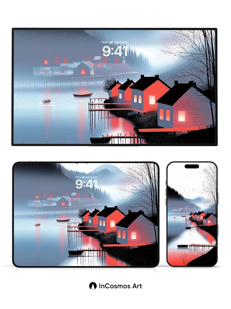 Crimson Reflection Wallpaper with Floating Light