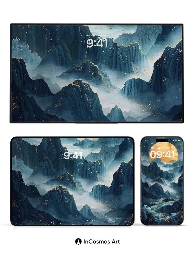 Moonlit Peaks Wallpaper with Golden Veins