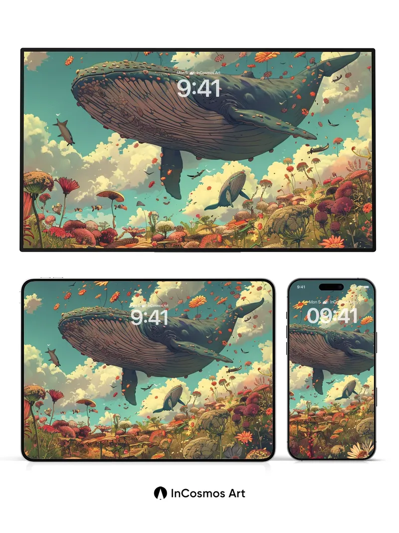 Whispering Sky Whale Wallpaper with Floating Flowers
