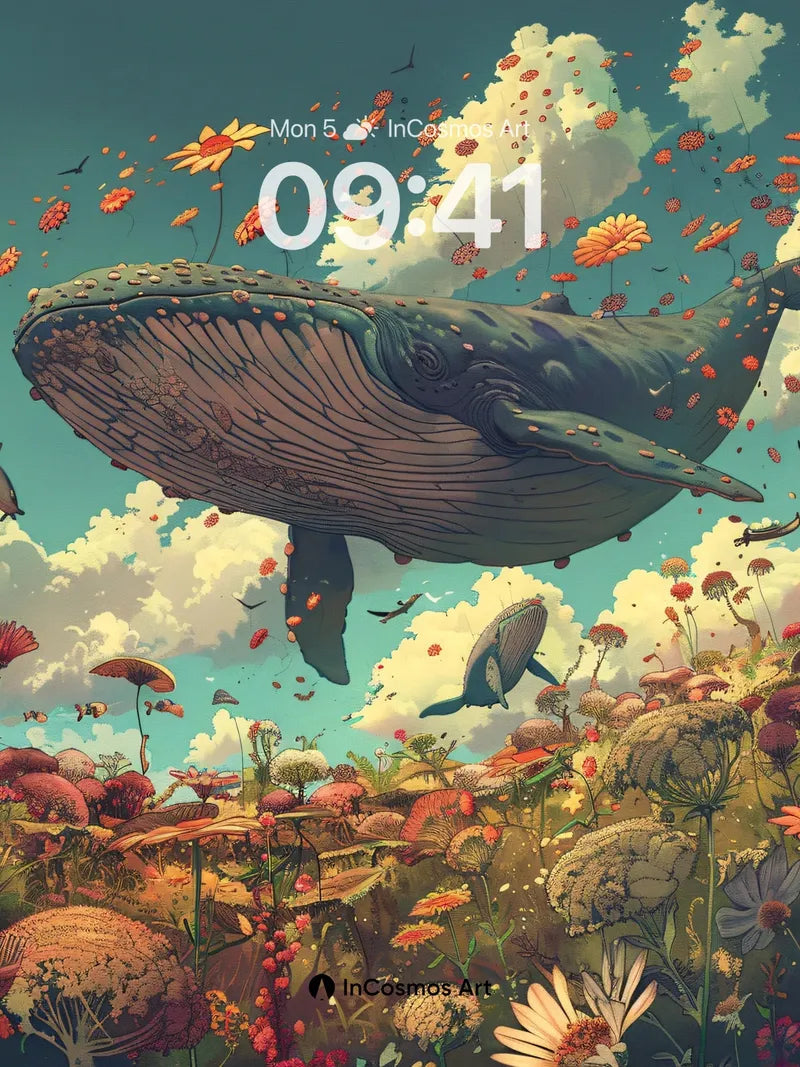 Whispering Sky Whale Wallpaper with Floating Flowers