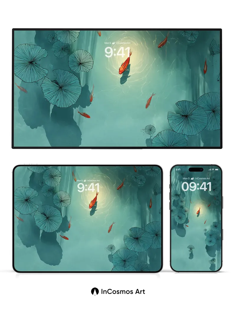 Serene Koi Garden Wallpaper with Floating Umbrellas