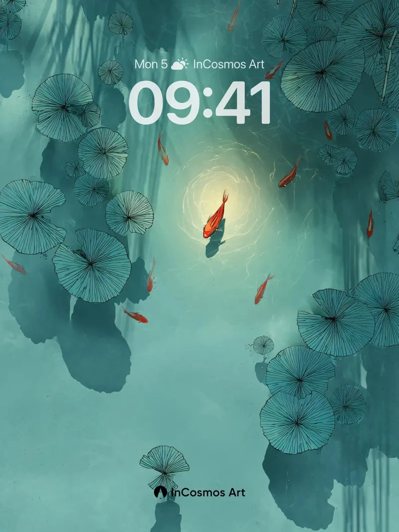 Serene Koi Garden Wallpaper with Floating Umbrellas
