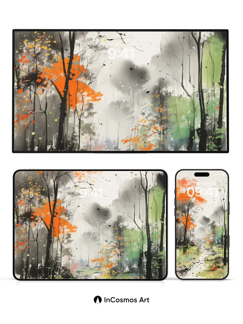 Autumn Hush Wallpaper with Ink-Blot Trees