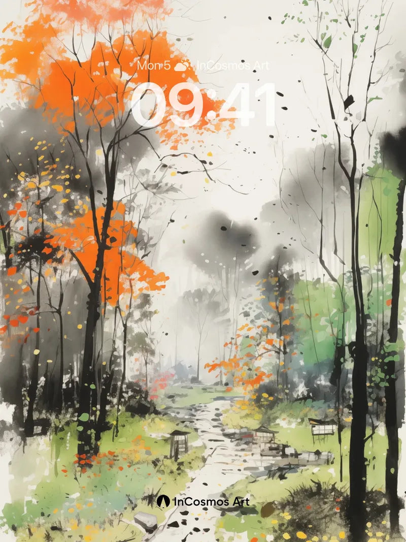 Autumn Hush Wallpaper with Ink-Blot Trees