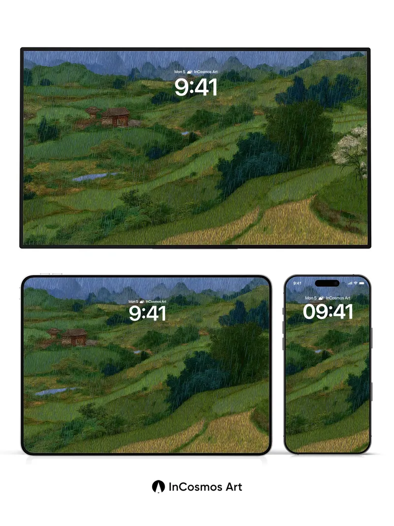 Rain-Slicked Valley Wallpaper with Whispering Fields