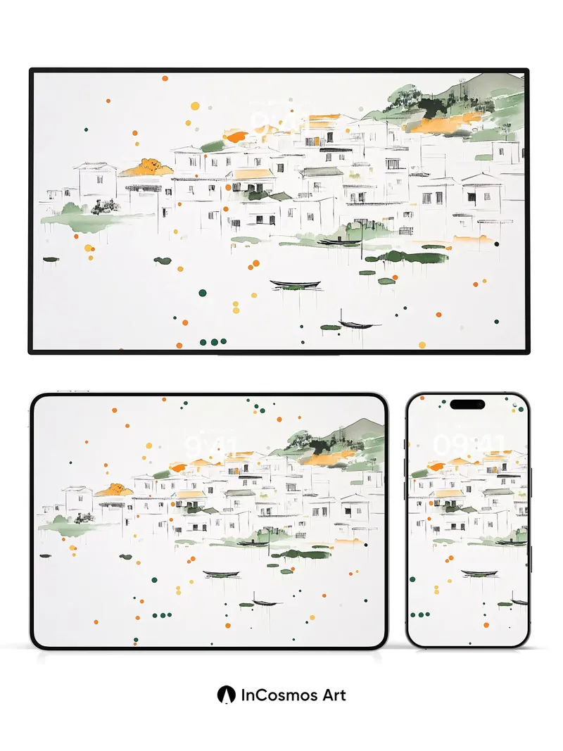 Serene Village Wallpaper with Floating Dots