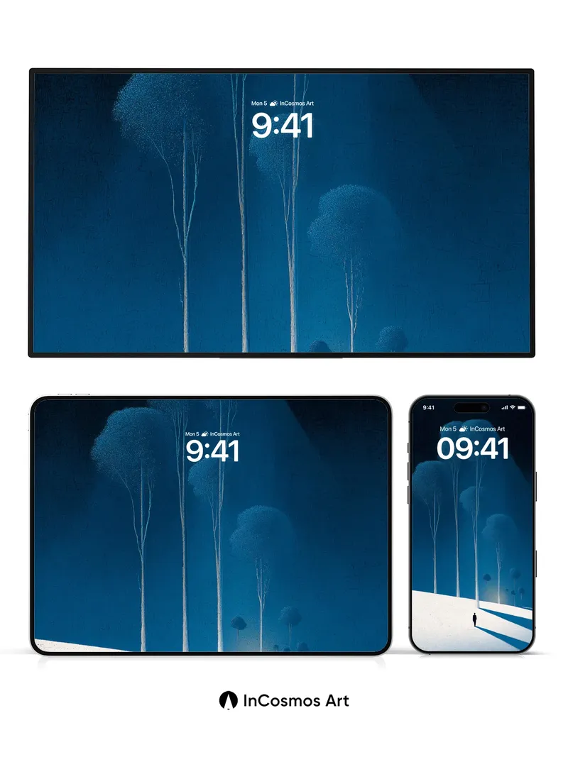 Silent Blue Forest Wallpaper with Solitary Walker