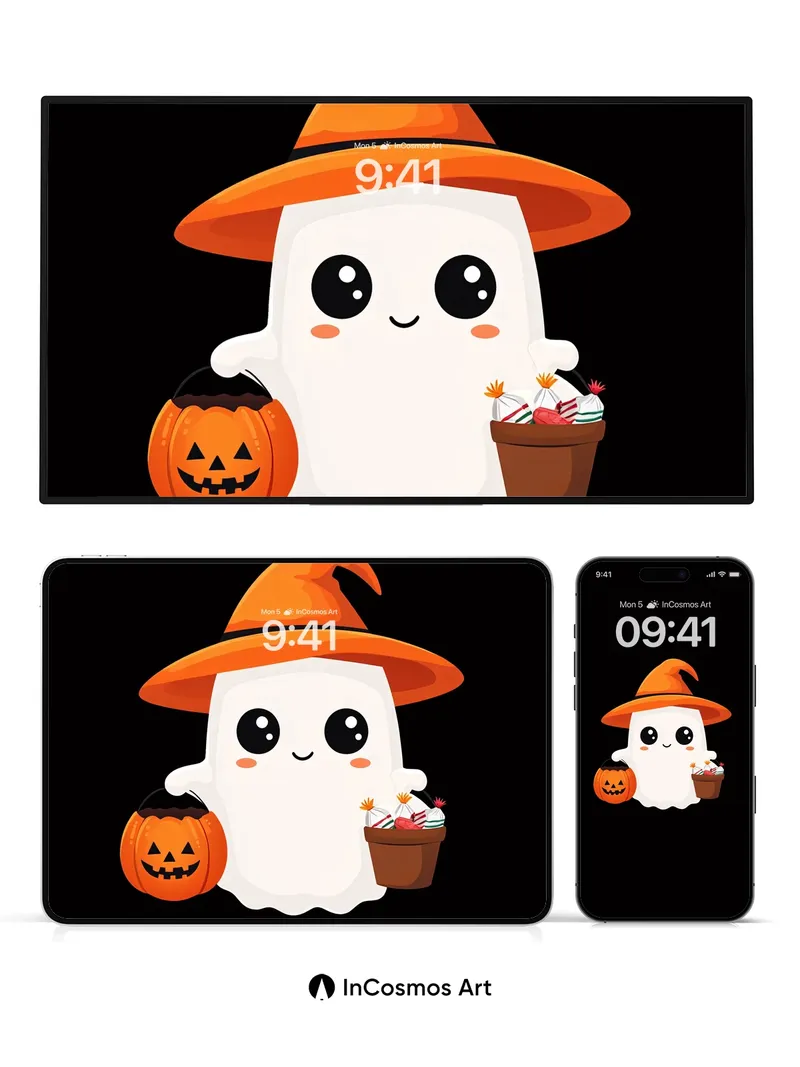 Playful Ghost Wallpaper with Witch Hat Charm