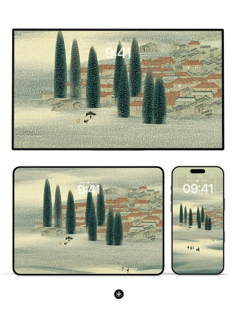 Snowy Village Background with Minimalist Aesthetic