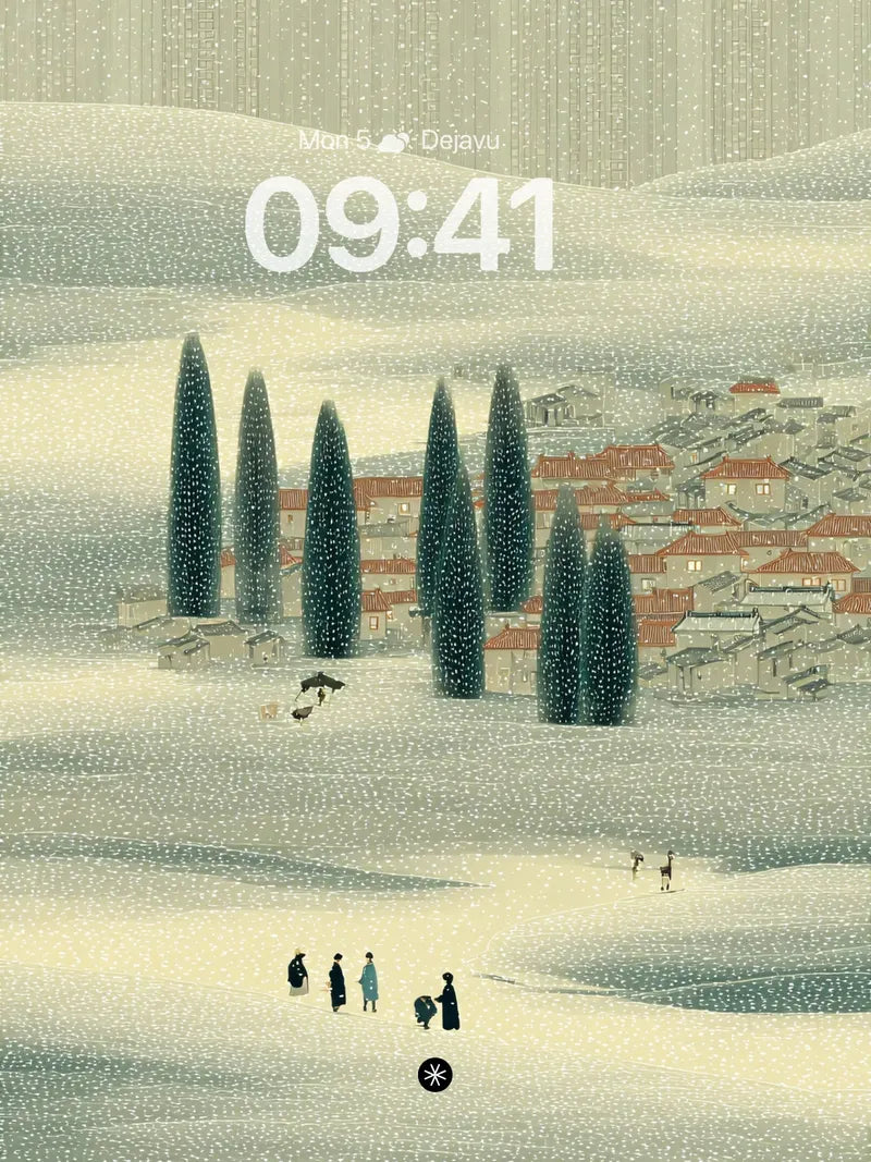 Snowy Village Background with Minimalist Aesthetic