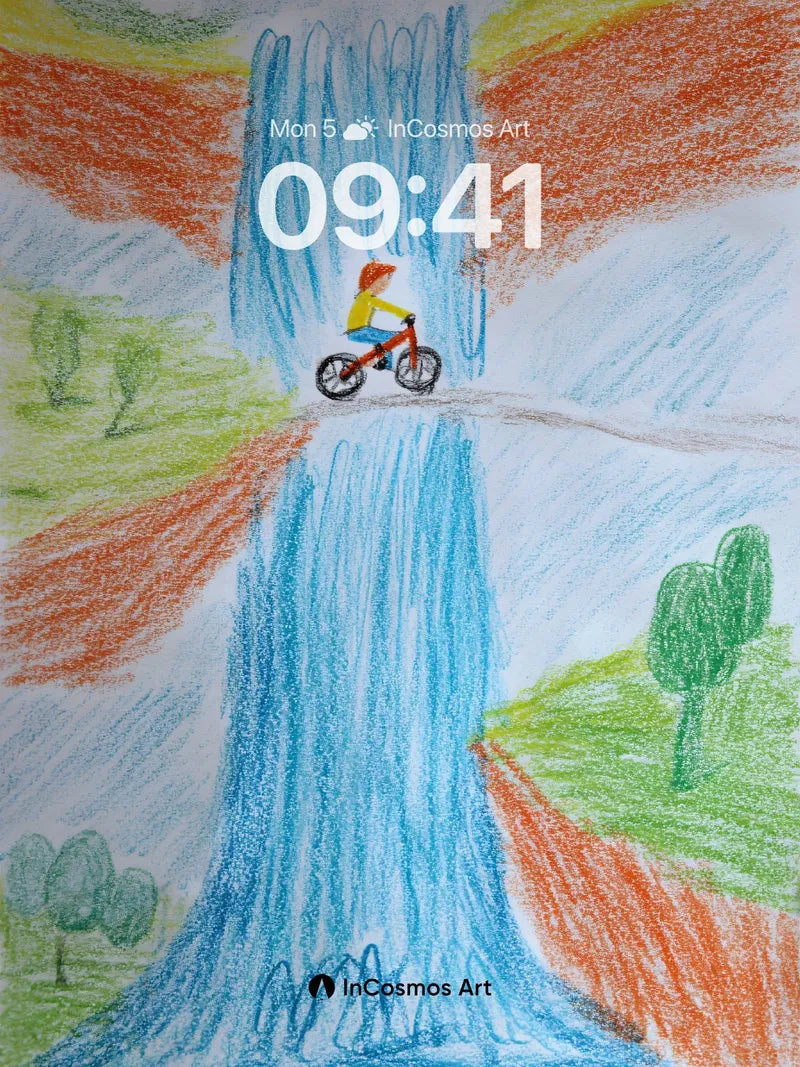 Whimsical Cascade Wallpaper with Cyclist Leap wallpaper for iPhone, iPad & Mac