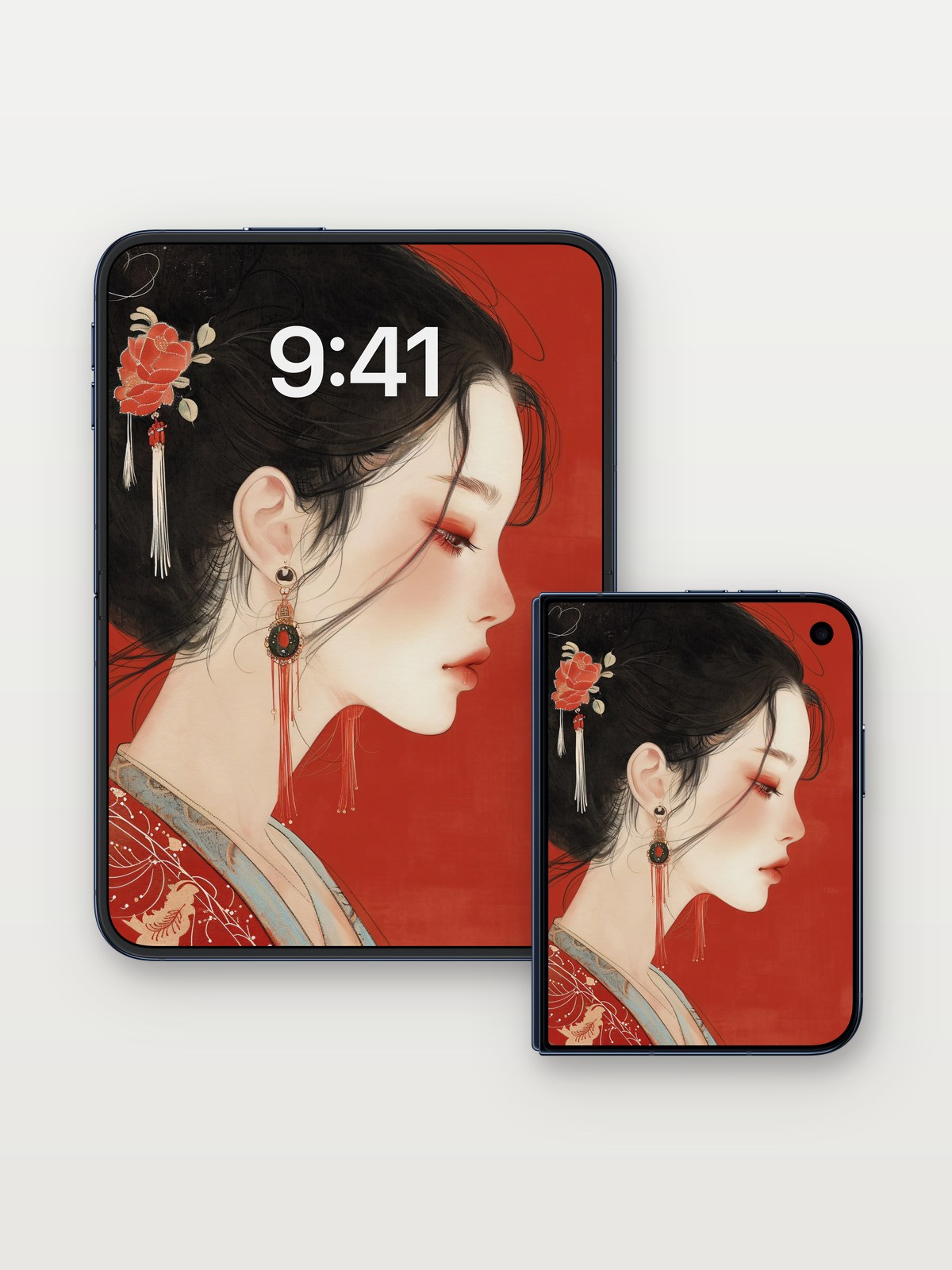 Velvet Shadow Wallpaper with Crimson Tassels on iPhone Duo, open and closed