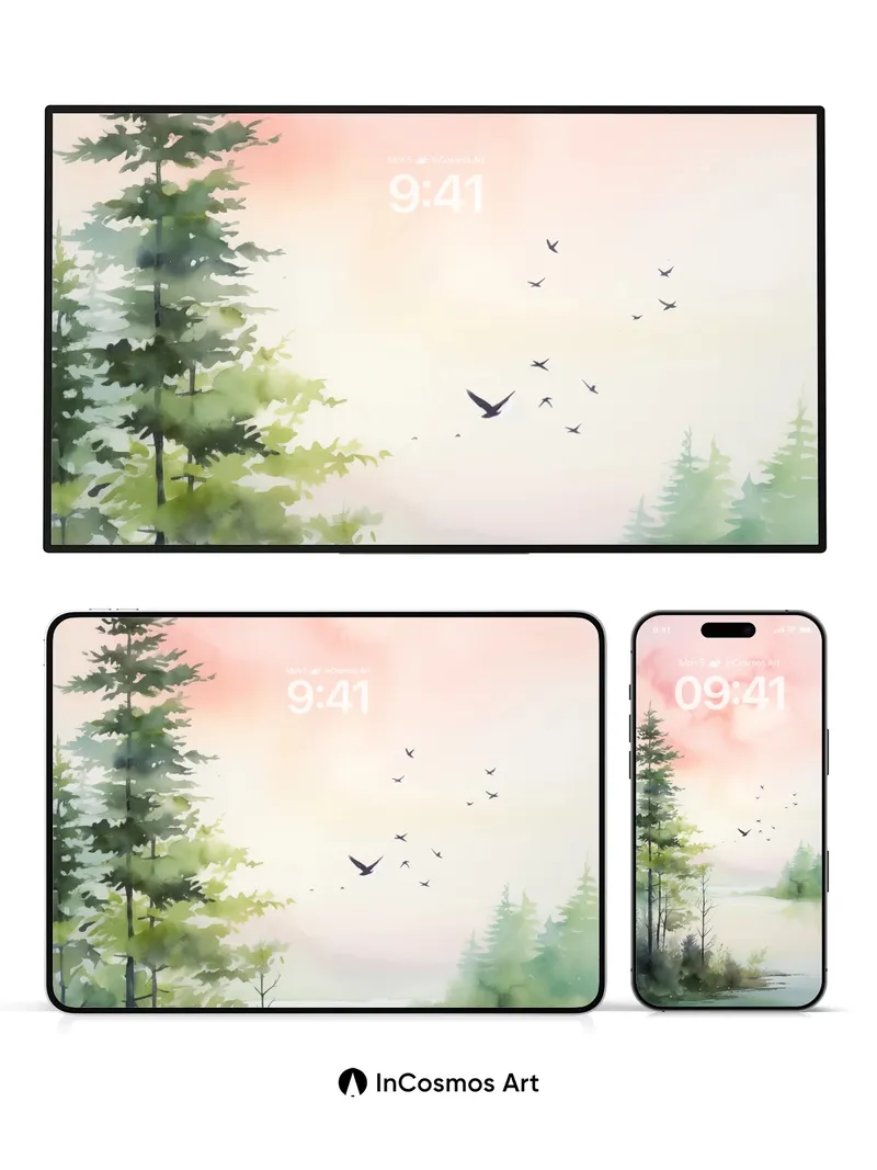 Serenity Forest Wallpaper with Flock of Birds