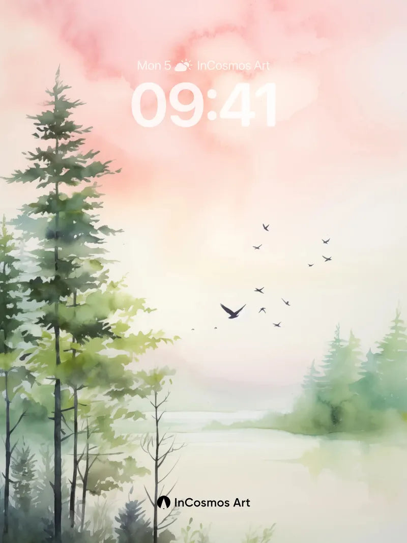 Serenity Forest Wallpaper with Flock of Birds