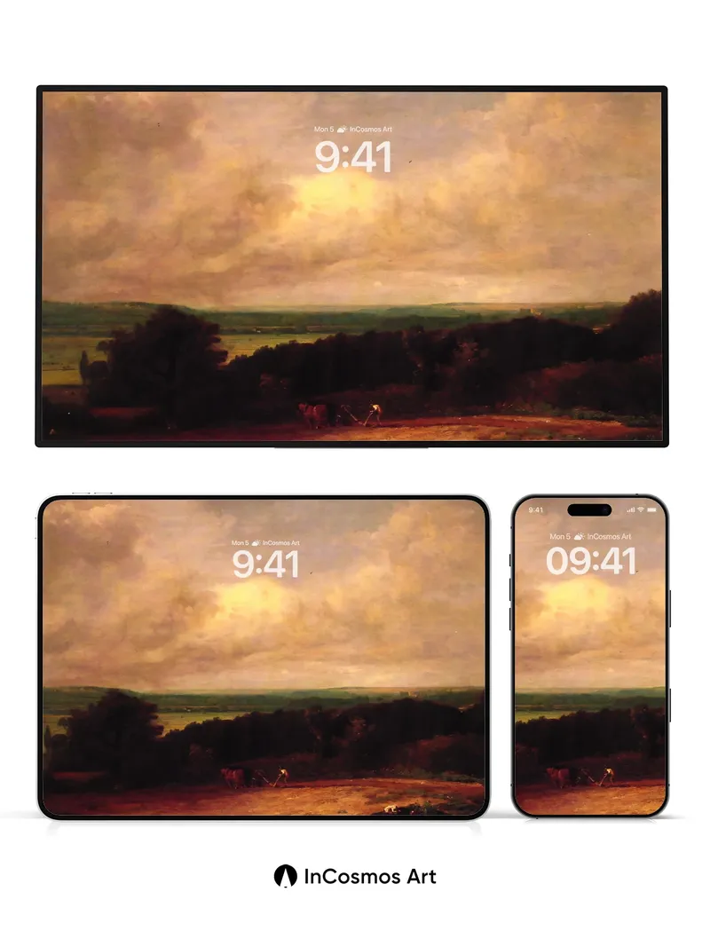 Golden Hush Landscape Wallpaper with Distant Plow