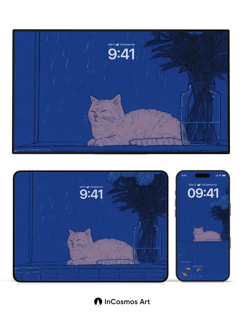 Rain-Kissed Serenity Wallpaper with Feline Stillness
