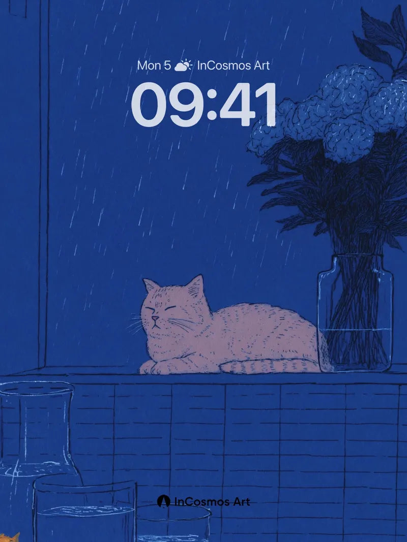 Rain-Kissed Serenity Wallpaper with Feline Stillness