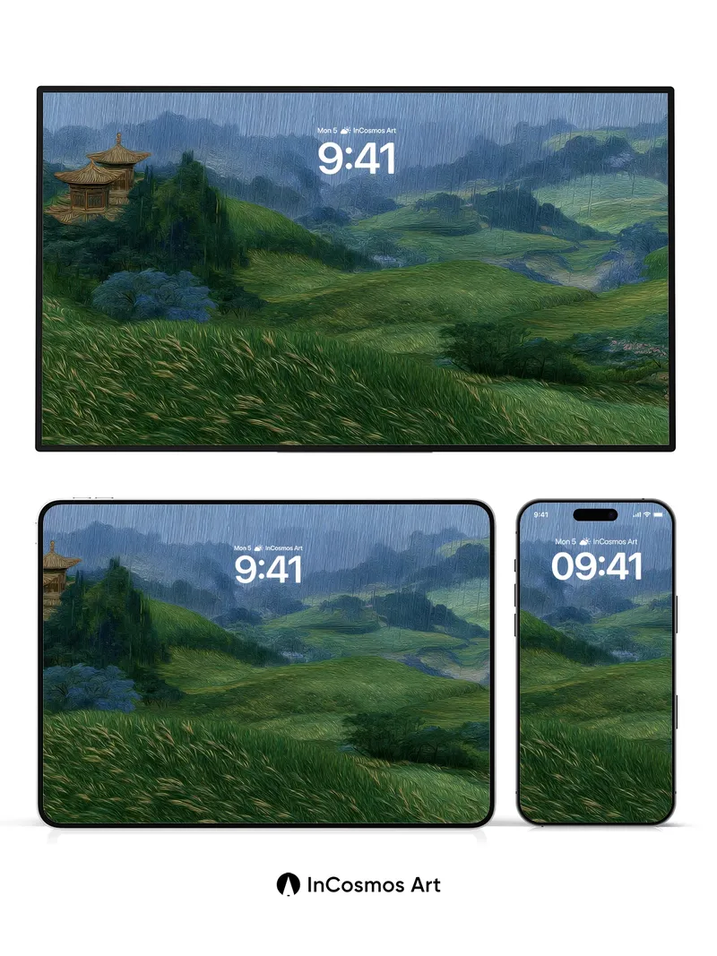 Serenity Ridge Wallpaper with Rain-Kissed Pagoda