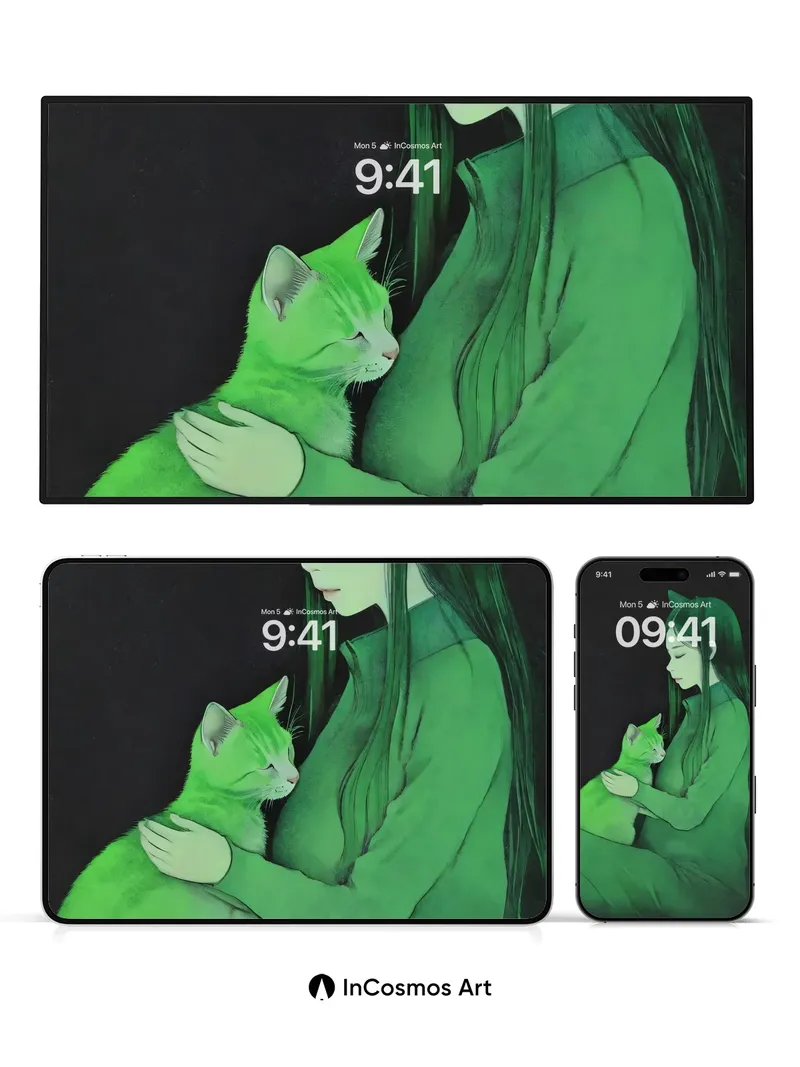 Emerald Hush Wallpaper with Feline Embrace