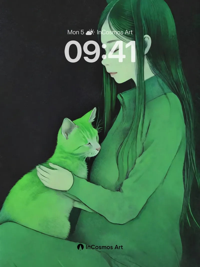 Emerald Hush Wallpaper with Feline Embrace