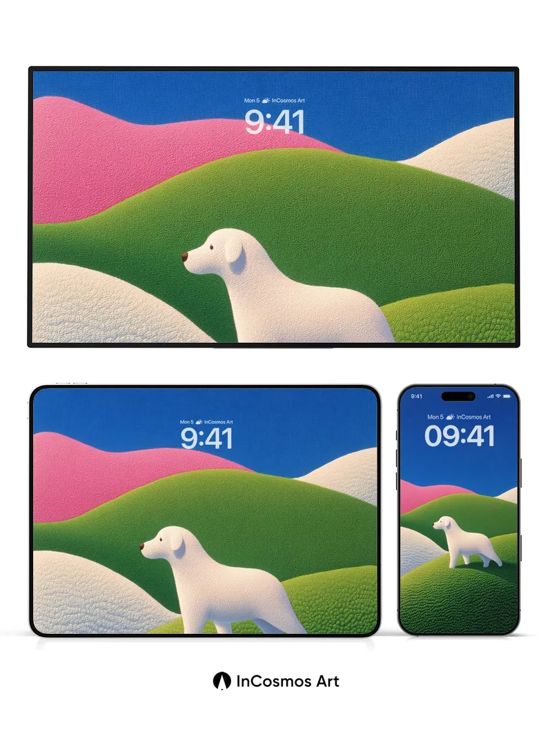 Serene White Dog Wallpaper with Textured Hills