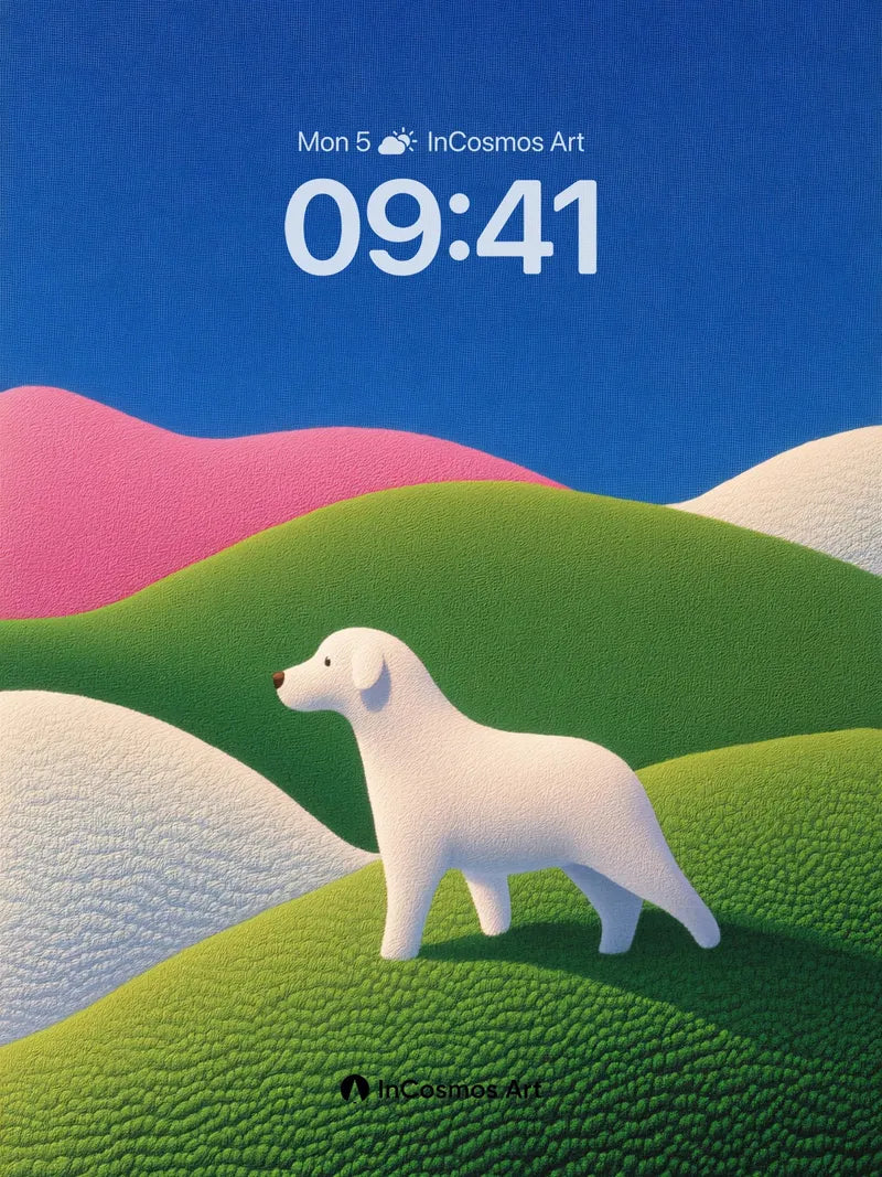 Serene White Dog Wallpaper with Textured Hills