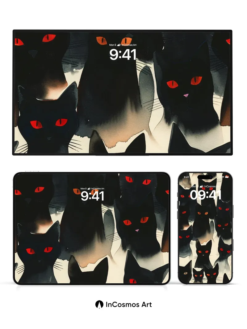 Obsidian Gaze Wallpaper with Crimson Eyes