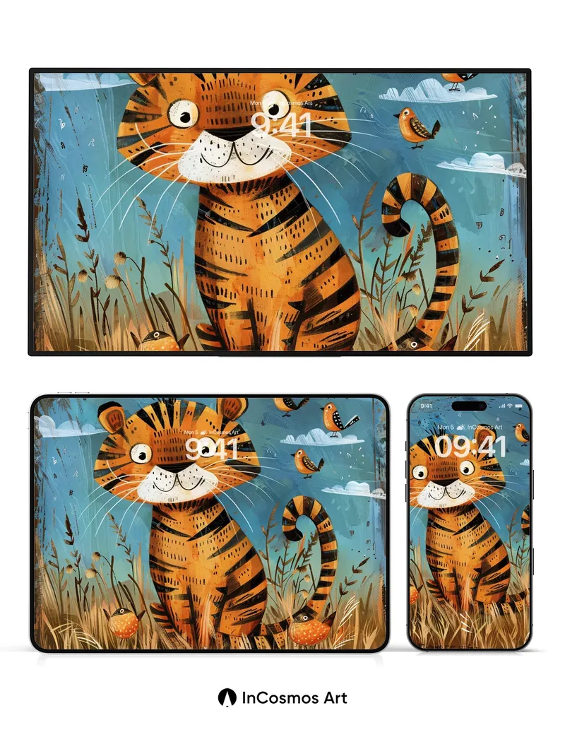 Whimsical Tiger Wallpaper with Feathered Friends