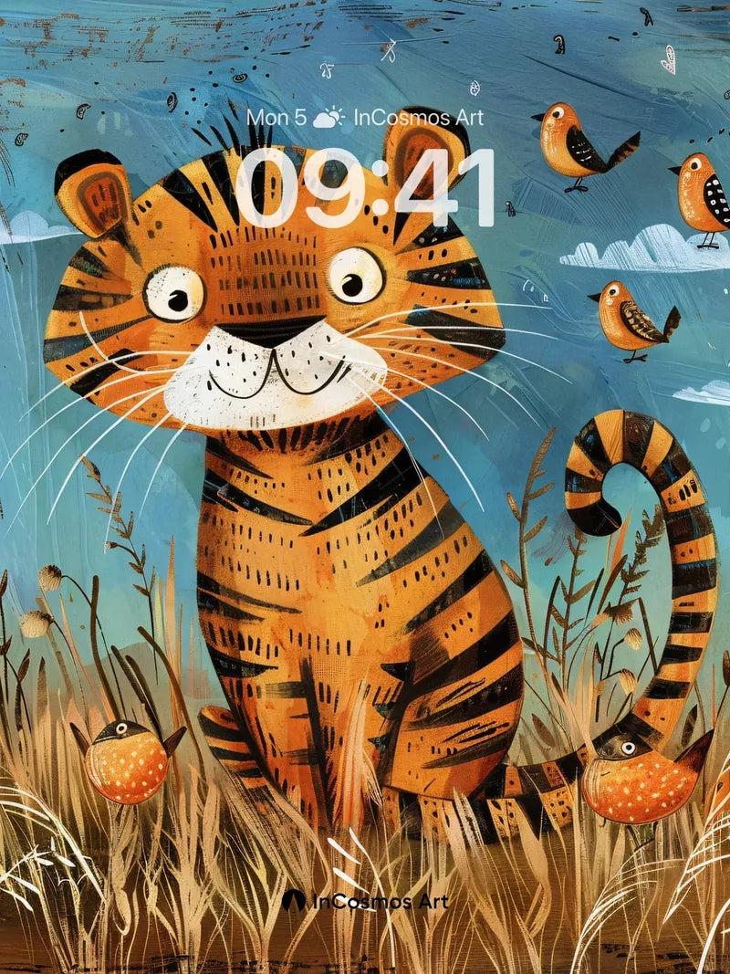 Whimsical Tiger Wallpaper with Feathered Friends